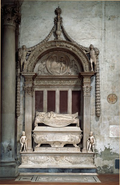 Túmulo de Carlo Marsuppini (1399-1453), Chanceler da República Florentina, feito por Desiderio da Settignano (ca. 1430-1464), aproximadamente 1453. Florença, Chiesa di Santa Croce de Desiderio da Settignano