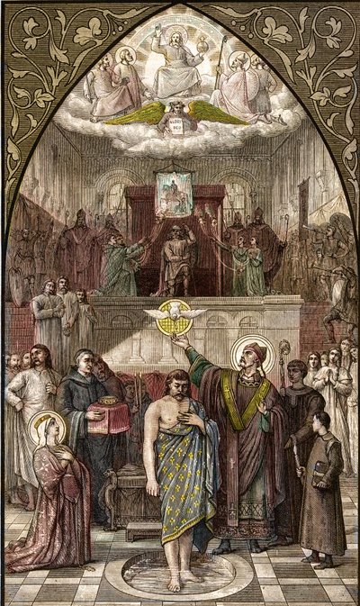 Santo Remigius baptiza Clovis em Reims - O baptismo do Rei dos Francos Clovis I (466-511) em Reims pela Eveque Saint Remi em 25/12/496 (ou 499) - gravura após a pintura de Desire François Laugee de Desire Francois Laugee