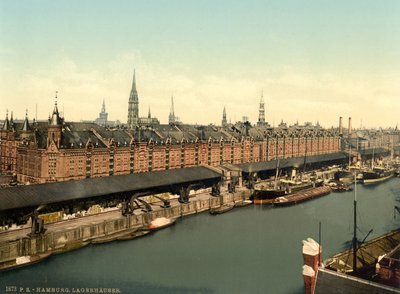 Armazéns nas docas, Hamburgo, Alemanha, Impressão fotocromática, c.1900 de Detroit Publishing Co.