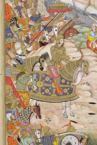 Detalhe das tropas de Babur tomam a fortaleza em Cabul, c.1590-1600 (wc opaco e ouro no papel) de Dhannu, and Dharmdas Farrukh