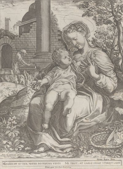 A Sagrada Família no Egito, com José como carpinteiro ao fundo..., [1577], republicado em 1774. de Diana Mantuana