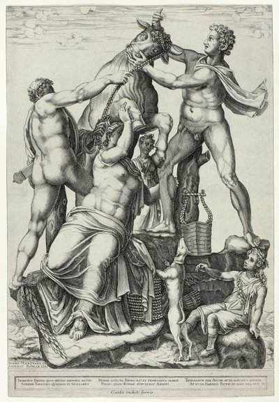 O Touro Farnese com Dirce, Zethus e Amphion de Diana Scultori