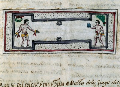 Aztecas jogando jogo de pelota, miniatura de Historia de las Indias de Diego Duran (1537-1588), manuscrito de 1579 de Diego Duran