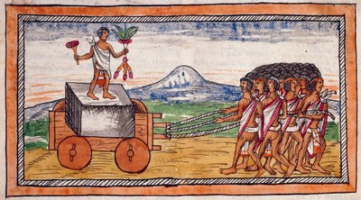 Os astecas transportando pedras para construir as suas cidades, aguarela esticada da História das Índias por Diego Duran (1537-1588), manuscrito, fólio 188 recto de Diego Duran