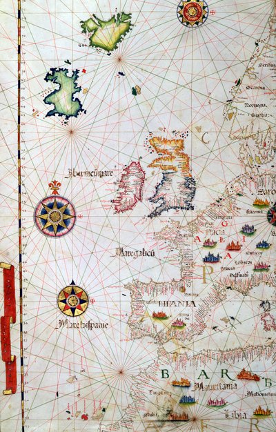 As Ilhas Britânicas, a Ibéria e o noroeste da África, detalhe de um atlas mundial, 1565 de Diego Homem