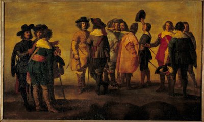 Conversa ou reunião de treze personagens Pintura da comitiva de Diego Velasquez (1599-1660) Sol do século XVII. 0,47x0,77 m de Diego Rodriguez de Silva y (after) Velazquez