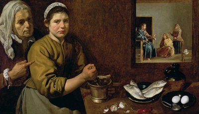 Cena da cozinha com Cristo na casa de Marta e Maria, c.1618 (óleo sobre tela) de Diego Velázquez