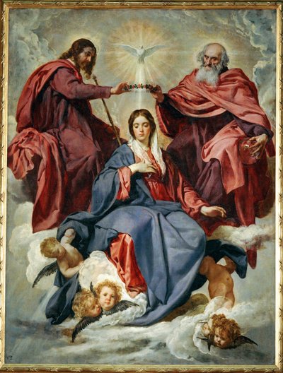 A Coroação da Virgem, pintada por volta de 1641 para o Oratório da Rainha ... (pintura sobre tela) de Diego Rodriguez de Silva y Velazquez