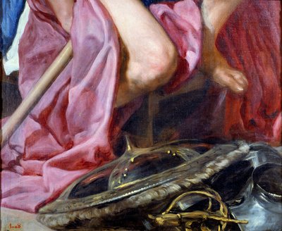 O deus da guerra Marte, detalhe do escudo e armadura colocados aos pés do deus. Pintura de Diego Rodríguez de Silva y Velasquez (1599-1660) de Diego Velázquez