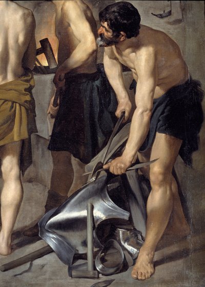 A forja de Vulcano, detalhe. Um dos ferreiros trabalha na armadura. Pintura de Diego Velasquez (1599-1660) 1630 Sol. 2,23x2,90 m Madrid, Museu do Prado. de Diego Velázquez