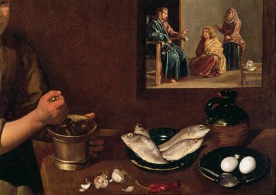Cena de cozinha com Cristo na casa de Marta e Maria (detalhe de comida na mesa com Cristo, Marta e Maria ao fundo, ver 99423), c.1618 de Diego Velázquez