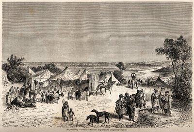 Um acampamento Touareg, desenhado por Lancelot, para ilustrar a viagem de 1849-1855 ao centro de África do Dr. Henri Barth. Gravura em "Le tour du monde, nouveau journal des voyages" Paris de Dieudonne Auguste Lancelot