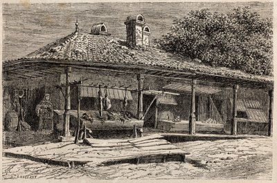 Um açougue e uma padaria em Bucareste (Romênia). Engravure pour illustrrer le voyage de Paris à Bucharest de Lancelot, designer, em 1860, no "Le tour du monde, nouveau journal des voyages", publicado sob a direcção de Edouard Charton de Dieudonne Auguste Lancelot