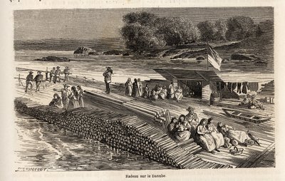 Uma jangada de madeira no Danúbio, para o transporte de mercadorias e pessoas, desenhada por Lancelot, para ilustrar a viagem de Victor Duruy de Paris a Bucareste em 1860. Gravura em "Le tour du monde", editado por Edouard Charton de Dieudonne Auguste Lancelot