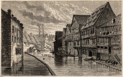 Antigos curtumes, em Ulm, desenhados por Lancelot, para ilustrar a viagem de Victor Duruy de Paris a Bucareste em 1860. Gravura em "Le tour du monde", editado por Edouard Charton de Dieudonne Auguste Lancelot