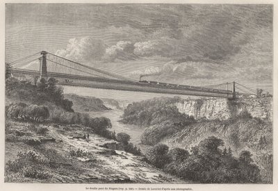 A Ponte Dupla do Niágara, desenho de Lancelot, para ilustrar as viagens de L. Deville à América do Norte em 1854-55. Gravura em "Le tour du monde", 1861. A coleção de Selva. de Dieudonne Auguste Lancelot