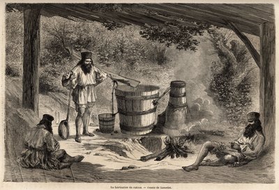 O fabrico de rakiou, álcool de cereais, uma espécie de schnapps muito comum na Roménia. Gravura para ilustrar a viagem de Paris a Bucareste, de Lancelot, desenhista, em 1860, publicada na "Le tour du monde, nouveau journal des voyages", sob a directti de Dieudonne Auguste Lancelot
