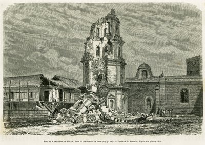 Torre da Catedral de Manila, após o terremoto de 18 de julho de 1880. Gravura de Lancelot para ilustrar a história Lucon e Palaouan, seis anos nas Filipinas, por Alfred Marche de Dieudonne Auguste Lancelot