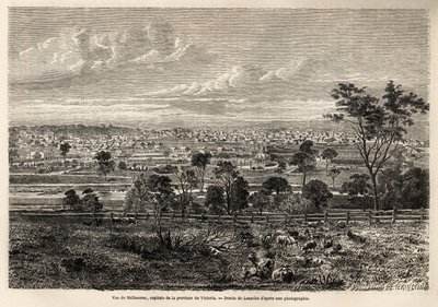 Vista de Melbourne (Austrália), desenho de Lancelot, para ilustrar as memórias de um ocupante francês na Austrália, em 1854-1859, de M. de Castella. Gravura em "Le tour du monde", 1861. A coleção de Selva. de Dieudonne Auguste Lancelot