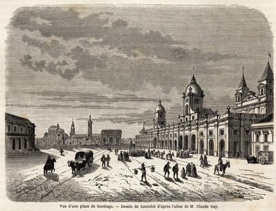Vista de uma praça em Santiago (Chile), desenho de Lancelot, para ilustrar a viagem à América do Sul, em 1823, de Giovanni Mastai Ferretti (1792-1878, futuro Pio IX). Gravura em "Le tour du monde, nouveau journal des voyages" Paris de Dieudonne Auguste Lancelot