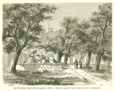 Vista do pátio do antigo Observatório Jesuíta em Pekin (Pequim), China. Gravura de Lancelot, em "Le Tour du Monde, Nouveau journal des Voyages", editado por Edouard Charton, Paris de Dieudonne Auguste Lancelot