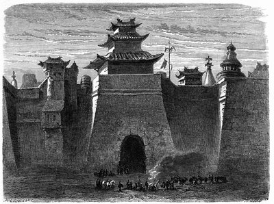 Paredes e Portão de Pequim, China. Gravado por Lancelot, em "Le Tour du Monde, Nouveau journal des Voyages", editado por Edouard Charton, Paris de Dieudonne Auguste Lancelot
