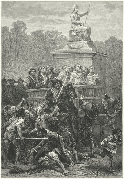 Uma tumbril cheia de prisioneiros a caminho da guiilotina, Revolução Francesa (gravura) de Diogene Ulysse Napoleon Maillart