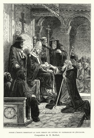 Pedro, o Eremita, entregando ao Papa Urbano as Cartas do Patriarca de Jerusalém (gravura) de Diogene Ulysse Napoleon Maillart