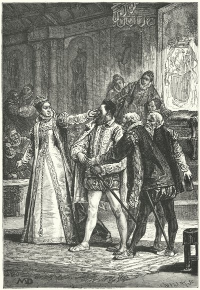 O conde de Essex ameaçou desembainhar a espada depois que a rainha Elizabeth o algemou em torno da orelha por sua insolência. de Diogene Ulysse Napoleon Maillart