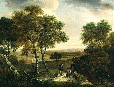 Uma extensa paisagem arborizada com camponeses por um caminho, uma cidade além de Dionys Verburgh