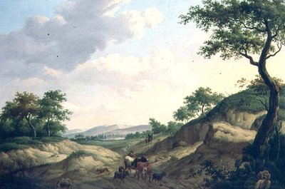 Uma paisagem arborizada com pastores e animais em cima de uma rocha de Dionys van Dongen