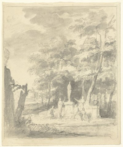 Paisagem arcadiana com figuras em torno de uma estátua de Dionys van Nijmegen (possibly)