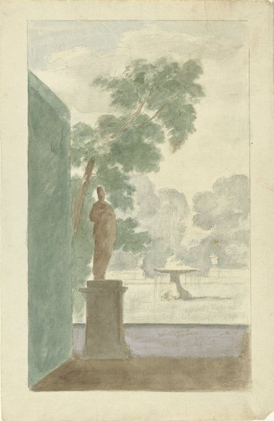 Projeto para decoração de parede em um salão: vista de um jardim com estátua, fonte e urnas de Dionys van Nijmegen (possibly)