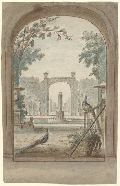 Desenho para uma pintura de sala com cara através de uma vedação num jardim, pavões e ferramentas de jardim de Dionys van Nijmegen (possibly)