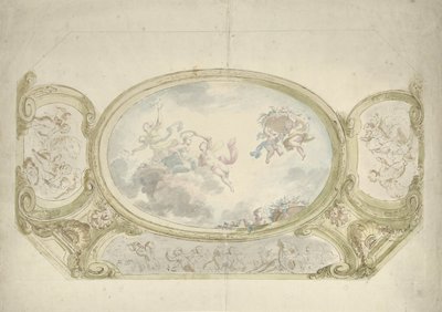 Desenho da pintura do teto: oval com representação alegórica, cercado por cenas com putti de Dionys van Nijmegen (possibly)