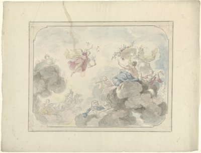 Desenho para um mural de tecto mostrando o rosto no céu onde a Aurora dissipa a escuridão de Dionys van Nijmegen