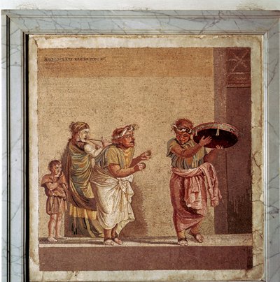 Mosaico romano de músicos e atores mascarados em uma peça, Pompeia, Itália de Dioscurides