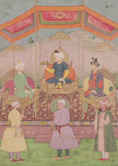 Imperador Mughal Babur e seu filho, Humayan, miniatura indiana do Rajastão, século XVI de Dip Chand
