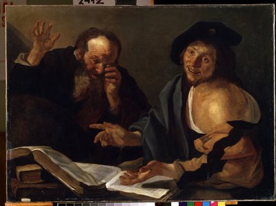 """"Heráclito e Demócrito"" Os filósofos gregos Heráclito de Éfeso (Heráclito) (535-475 aC) e Demócrito (Demócrito) (460-370 aC). Pintura de Theodore van Baburen (Dirk Baburen) (1570/90-1623/4) Museu de Belas Artes Mikalo do século XVII de Dirck Baburen van