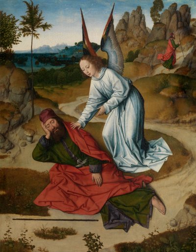 Elias no Deserto, detalhe do Altar do Santo Sacramento, c.1464-68 (óleo sobre painel) de Dirck Bouts