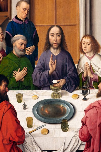 Igreja Paroquial (Igreja Paroquial de São Pedro). quadro. Última Ceia. Dirk Bouts. 1464-1468. Detalhe. painel central. de Dirck Bouts