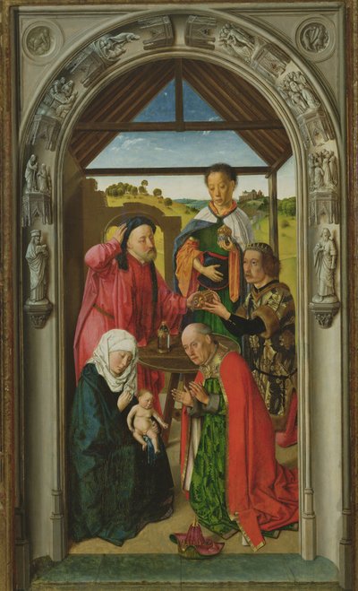 A Adoração dos Magos, c.1445 óleo no detalhe do painel de 36895 de Dirck Bouts