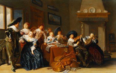 Figuras elegantes com instrumentos sentados à mesa e uma jovem cantando no interior, 1637 de Dirck Hals