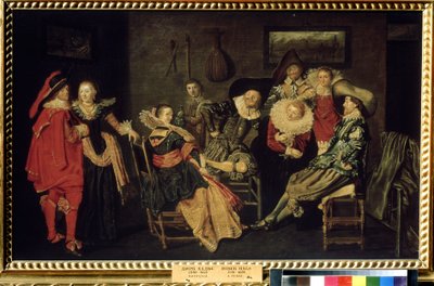 "The Merry Company" (A Companhia Mercury) A festa numa rica casa holandesa, uma mesa de burgueses elegantemente vestidos. Pintura por Dirck Hals (1591-1656) Século XVII Dim. 41x66 cm Museu Pushkin, Moscovo de Dirck Hals