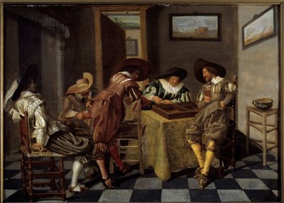 A parte do tric trac (tri-trac: antigo jogo de Backgammon). Pintura de Dirk Hals (1591-1656), cerca de 1615-1625. Óleo sobre madeira. Dim: 0,38 X 0,53m. Lille, Musee Des Beaux Arts - Jogadores de Tic-trac ("Trictrac: antigo jogo de Backgammon). Pintura por de Dirck Hals