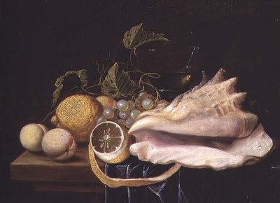 Natureza morta com casca de Strombus e frutas de Dirck Sauts