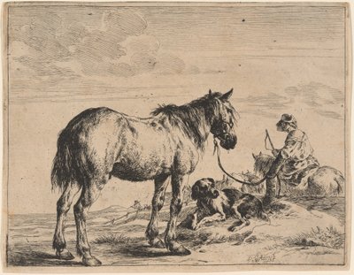 Um cavalo preso a um poste com um cachorro reclinado de Dirck Stoop