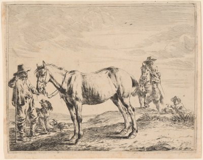Um homem segurando um cavalo pelo freio de Dirck Stoop