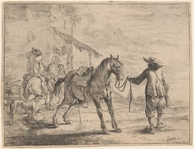 Um cavalo mijando segurado por um homem de Dirck Stoop