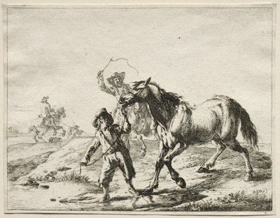 Um menino levando um cavalo para beber. de Dirck Stoop